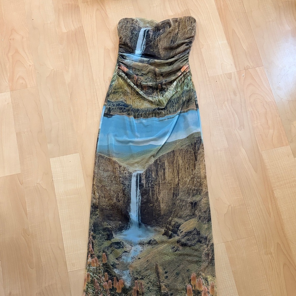 Zara Forest Print Maxi Strapless dress